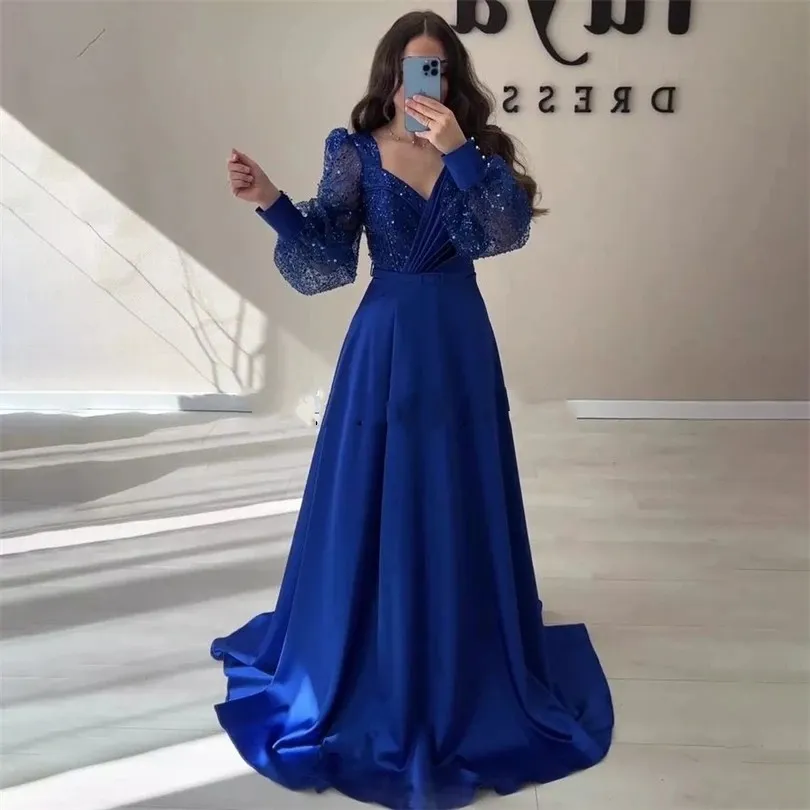 Royal Blue Glitter Evening Dress 2024 Sparkly Puff Sleeves A-Line V-Neck Satin Formal Prom Party Gowns Custom Made Robe De Soiree