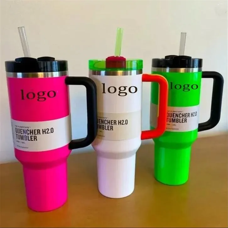 DHL With 1:1 Logo Electric Neon White Pink Black Green Yellow Quencher H2.0 40oz H2.0 Tumblers With Handle Lids and Straw Comso Pink Parade Car Mugs Water Bottles 0408