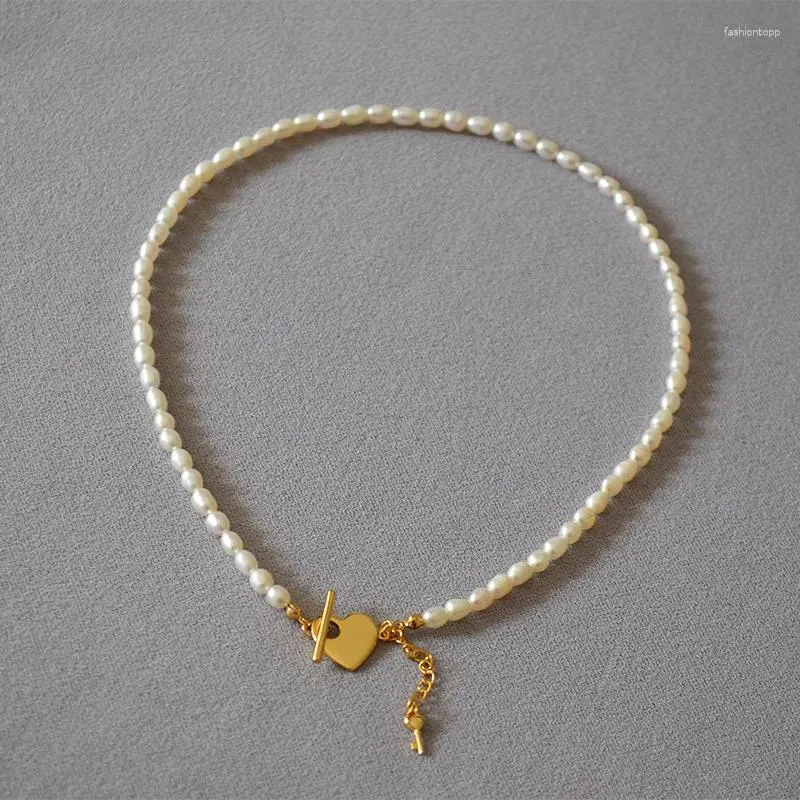 Anhänger Halsketten Süßwasserperle Liebe Herzschlüssel Charm OT CLASP Simple Design Frauen Halskette