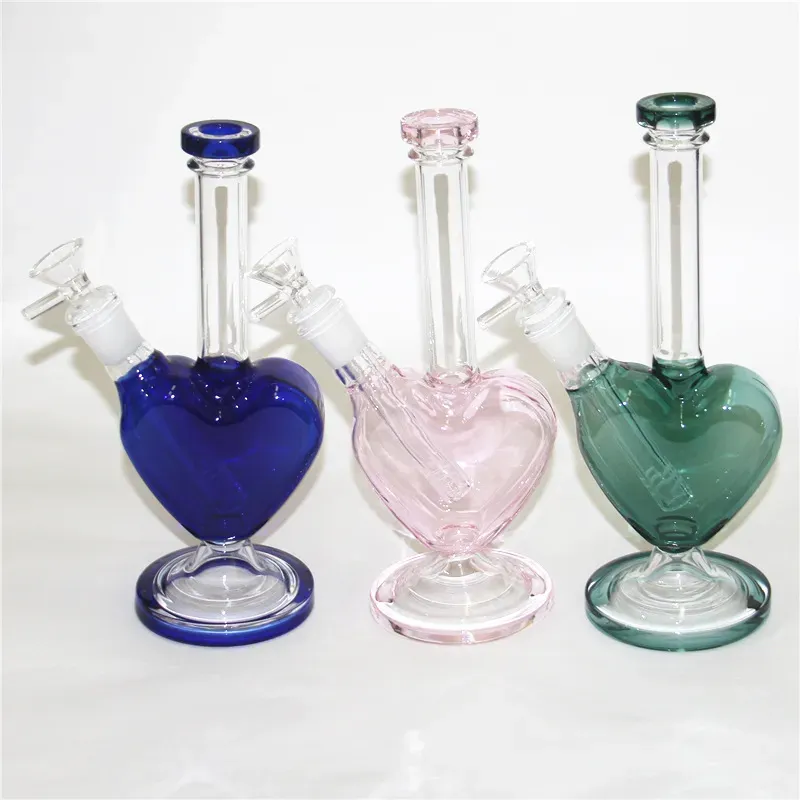 Heart Shape Pink Green Blue Color Hookahs Glass Bongs Water Pipes Oil Rig Dab Rigs with 14mm Smoking Dry Herb Bowls