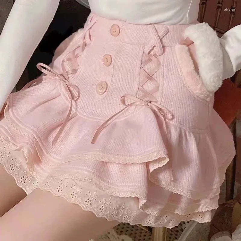 Etekler Deepdown Japon Kawaii Mini Pembe Tatlı Lolita Stil Harajuku Kadınlar Yay Sevimli Dantel Örgü Etek Yüksek Bel Kısa