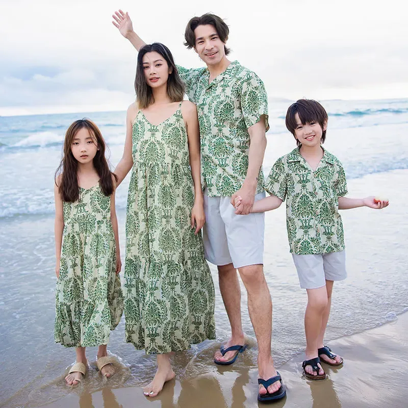 Vêtements polynésiens Famille Family Set Beach Mom and Daughter Boho Robe Dada Son Chirst Vacation Chemises Père Mother Kids Matching Clothes 240327