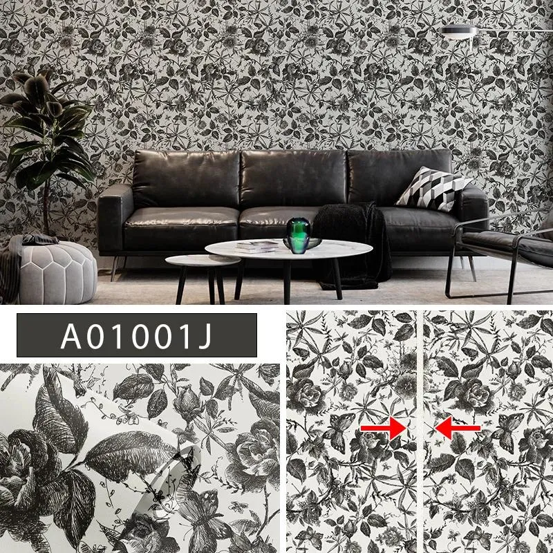 Wallpapers Elegant Black Butterfly Leaves Wallpaper Vintage Chic Sketch Flower Peel And Stick Removable Stickers Room Decor 15.7" 118"