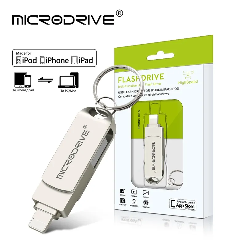 Möss OTG USB 3.0 Flash Drive Pen Lighing för iPhone /iPad 64 GB 32GB 16GB 256 GB 512 GB 2 I 1 Pendrive USB 3.0 Memory Stick