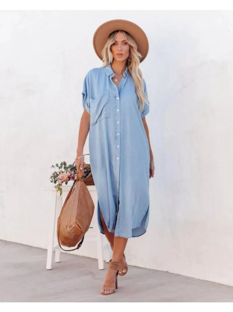 Solid Color Womens Casual Loose Denim Short Sleeved Long Slit Shirt Dress with Shoulder Sleeves and Button Up 240408