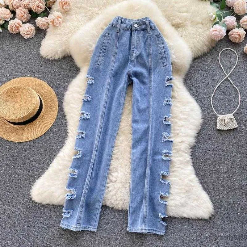 Womens Jeans Fashion Women 2023 Summer Blue High Waist Ripped Holes Denim Trouser Straight Wide Leg Pants Casual Street Clothes