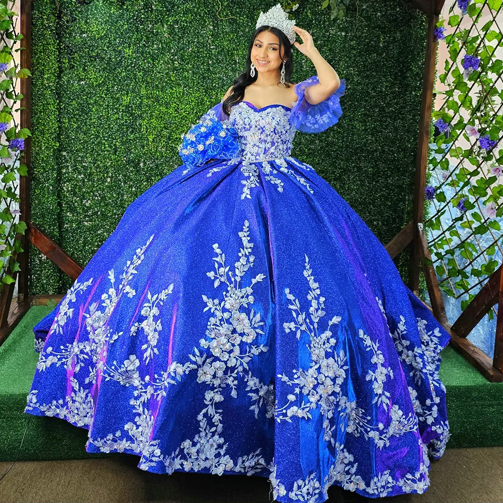 Royal Blue Teen Girls Quinceanera klänningar från axeln 3D Flower -applikationer Vestidos de quinceanera glänsande bollklänning prom klänning söt 15 vestidos de novia