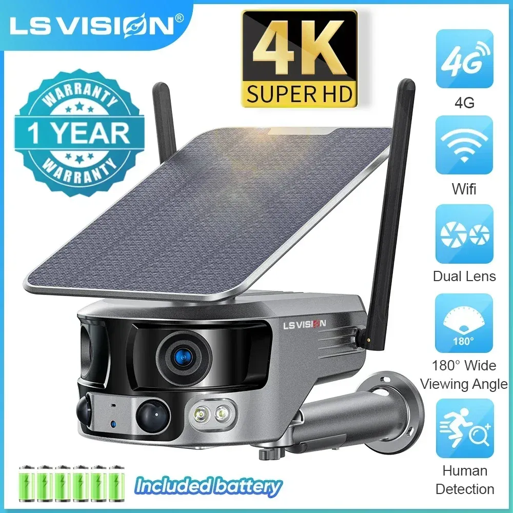 Kameras Ls Vision 4k 180 ° Ultra Wide View Winkel 4G Solar -Überwachungskamera Outdoor WiFi 4x Zoom Dual Lens Pir Human Detection CCTV -Kamera