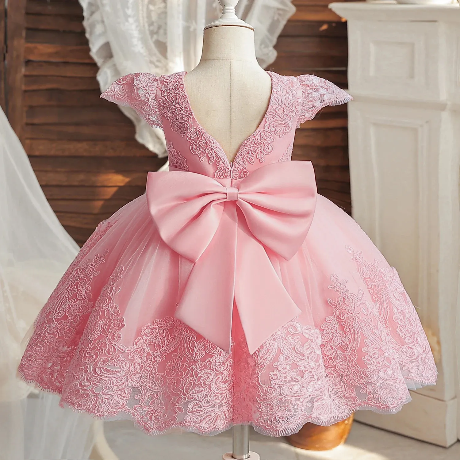 Sukienki dla dzieci na imprezę na 1. urodziny haft bez pleców elegancki duży łuk ślub suknia tutu gown różowy kostium gali 240407