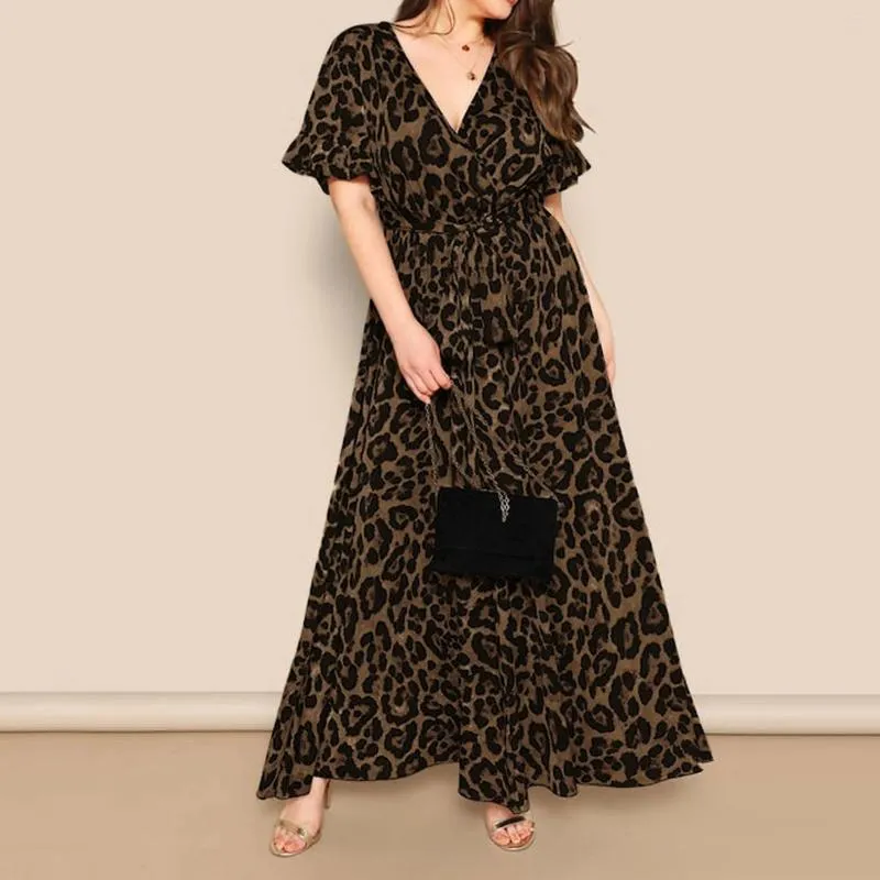 Casual Dresses Sexy Deep V Neck Leopard Print Maxi Dress Plus Size Women's Wrap Belt High Waisted Long Ruffle Swing Hem Party