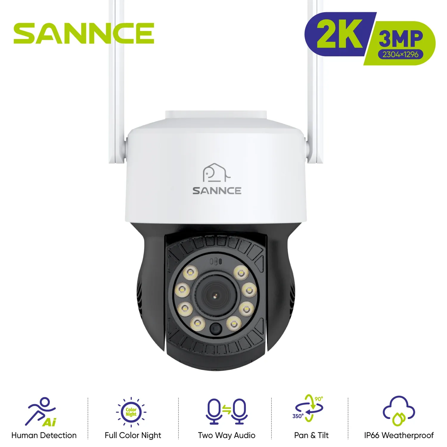 كاميرات Sannce H.264+ 3MP كاميرا أمان لاسلكية ، إنذار إنذار إنذار مخصص مناطق الحركة المخصصة 3.6 ملم ، مراقبة فيديو واي فاي كاميرا