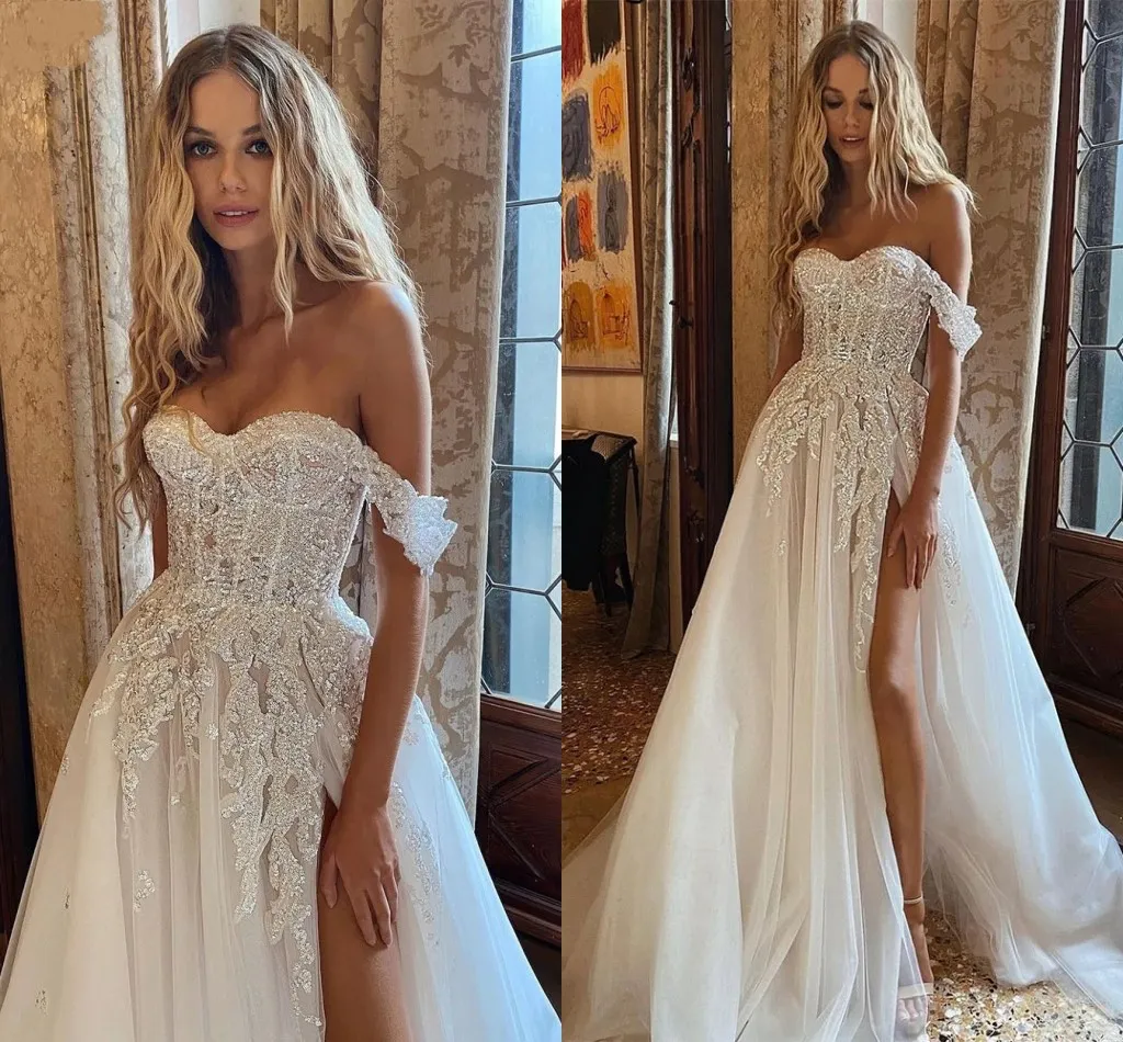 2024 Ny Boho Wedding Dress Crystal Beading Off the Shoulder Lace Appliques A-Line Bridal Bride Party Gowns Vestido de Novia Mariage
