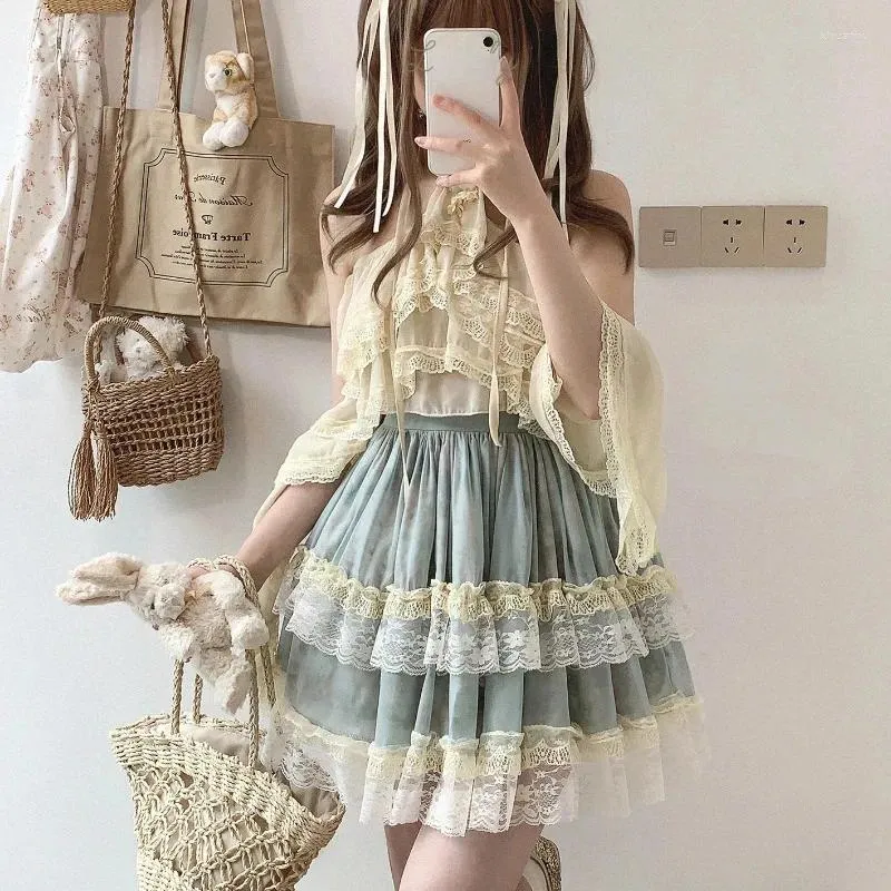 Skirts Lace Rose Print Kawaii Lolita Mini Skirt Women Japanese High Waist Short Pleated Female Korean Fashion Slim Fairy Faldas