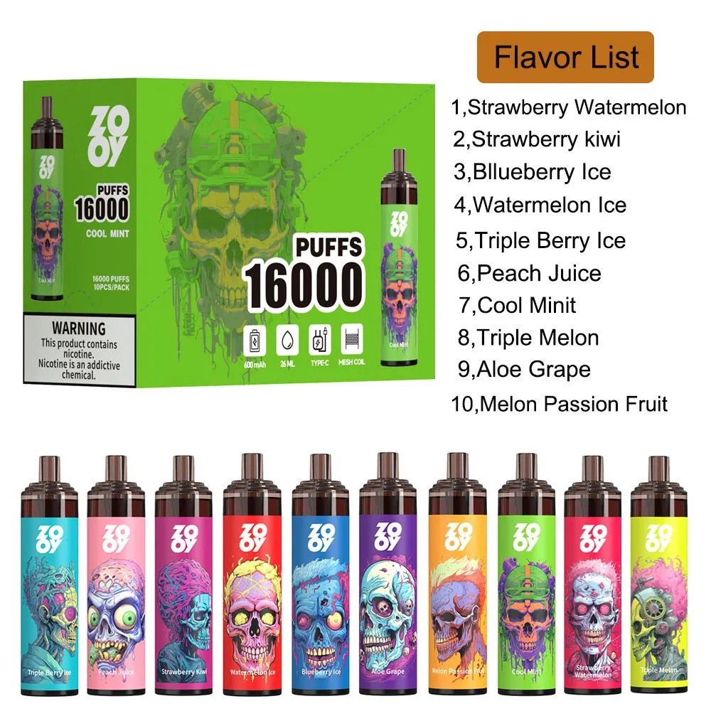 EU Warehouse Zooy Tornado 16000 Puff wegwerp Pape Pen Electronic Sigaretten 26 ml POD MESH MEIL GLOWENDE kleuren Oplaadbaar apparaat versus randm tornado puff 7000 vape