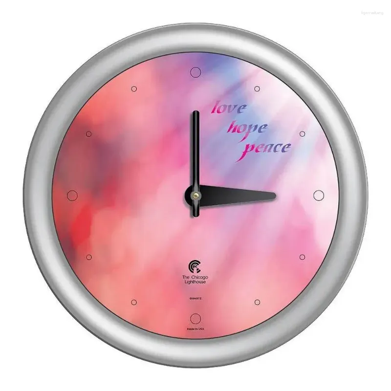 Wall Clocks 14" USA-Made Round Peace Love Hope And Colorful Sunlight Clock Eco-Friendly Quartz Movement Silver Frame By Chicago