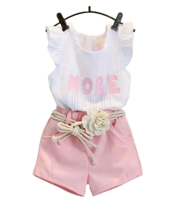 Vêtements roses de mode Ensemble pour les vêtements de fille ensemble avec une courroie de fleur Vêtements Enfants de vente au détail