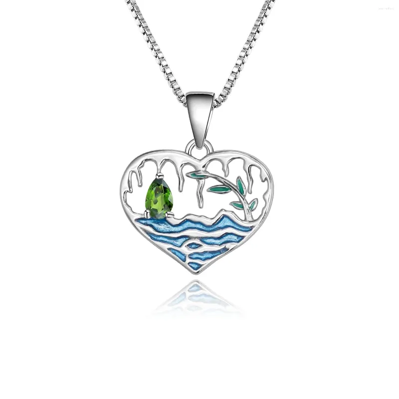 Kedjor Design Fashion 925 Sterling Silver Pendant Chrome Diopside Gemstone Sea and Tree Paint Heart Shape