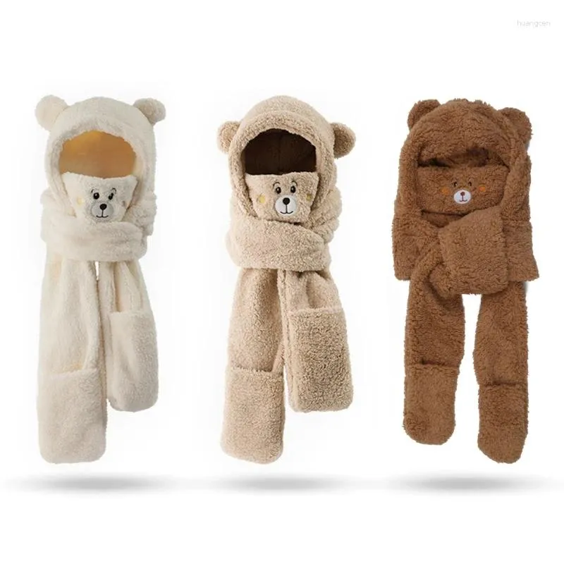 Bérets Fleece Bear Hat Hat Glove Mask Mask Scarf 4in1 ensembles épaississent le costume chaud pour les adolescents adultes