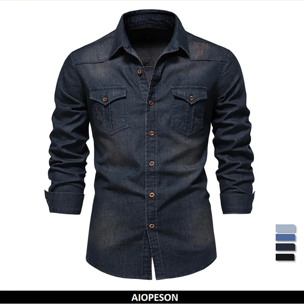 Aiopeson Elason Cotton Denim Shirt Men Mleeve Lun Long Quitchboy Shirts for Men Casual Slip Jeans Men Shirts 240403