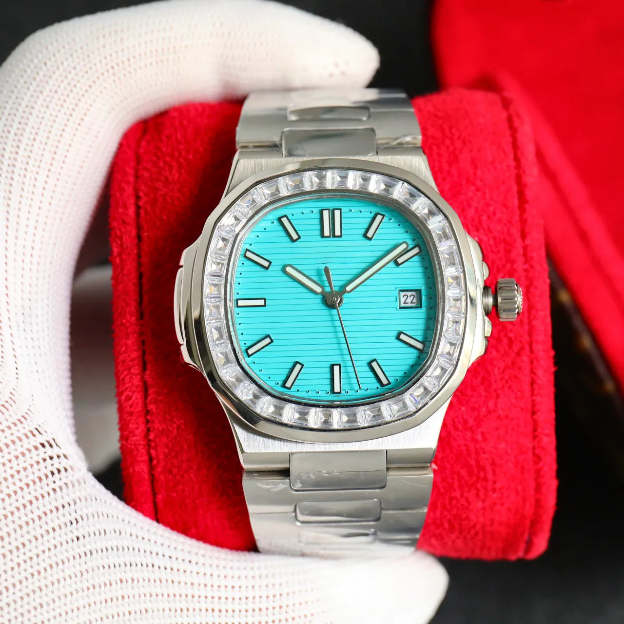 Orologio diamantato orologio di lusso orologio meccanico automatico orologi da 40 mm in vetro in vetro diamanti calendario orologio impermeabile in acciaio inossidabile striscia Montre de Luxe