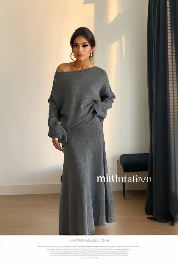 Hirsionsan sexy doux élégant femme vintage costume 2 pièces ensembles de couchage slash sweater midi