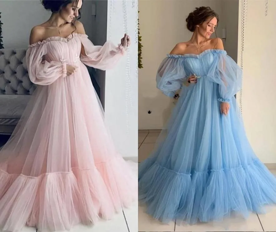 2020 Sexy Sky Blue Pink A Line Evening Jurken Wears Off Shoulder Tule Illusion Lange mouwen Open Back Plus Size Party Prom Gowns3302050