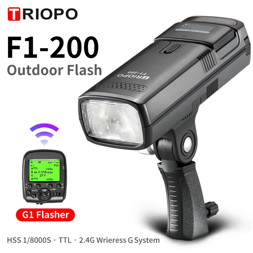 Mount Triopo F1200 Outdoor -Taschenblitzlicht 2,4 g TTL HSS 1/8000S Doppelkopf 200 Ws mit Lithium -Batterie -Taschenlampe Blitz