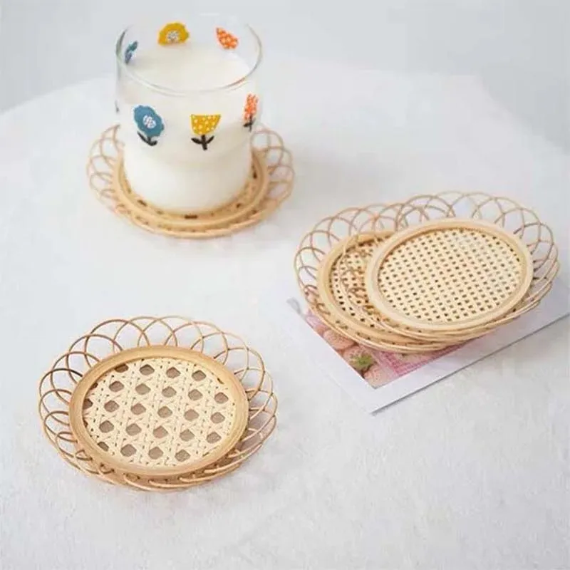 Bamboo Round Rattan Storage Hand-Woven Saucer Handmade Coaster Cup Holder Pot Pad Tea Mat Rattan Woven Cup Holder Wooden Tray