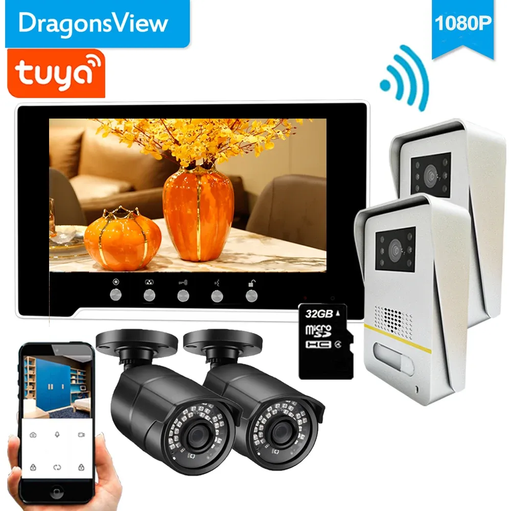 Intercom DragonsView 1080p WiFiワイヤレスビデオインターコムドアベルカメラセキュリティシステムドアアクセスTUYA SMART 7インチタッチスクリーンリモート