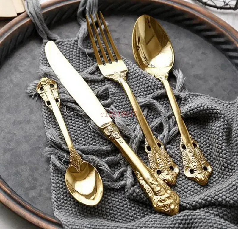 Goldener plattierter Besteckset Edelstahlmesser -Gabeln Teelöffel Gold Abendessen Hochzeit Weihnachtslager Zz