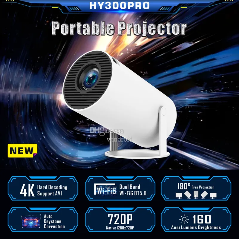 Hy300 Pro Smart Projector 4K Android 11 듀얼 Wi -Fi6 160 ANSI BT5.0 1080P 1280*720P 홈 시네마 야외 보호 가능한 프로세터