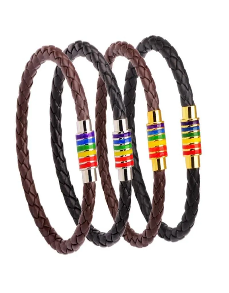 Fashion Charm Rainbow LGBT Pride Handmade Braided Bracelet PU Leather Weave Magnet Clasp Stainless Steel Jewelry Whole1002011