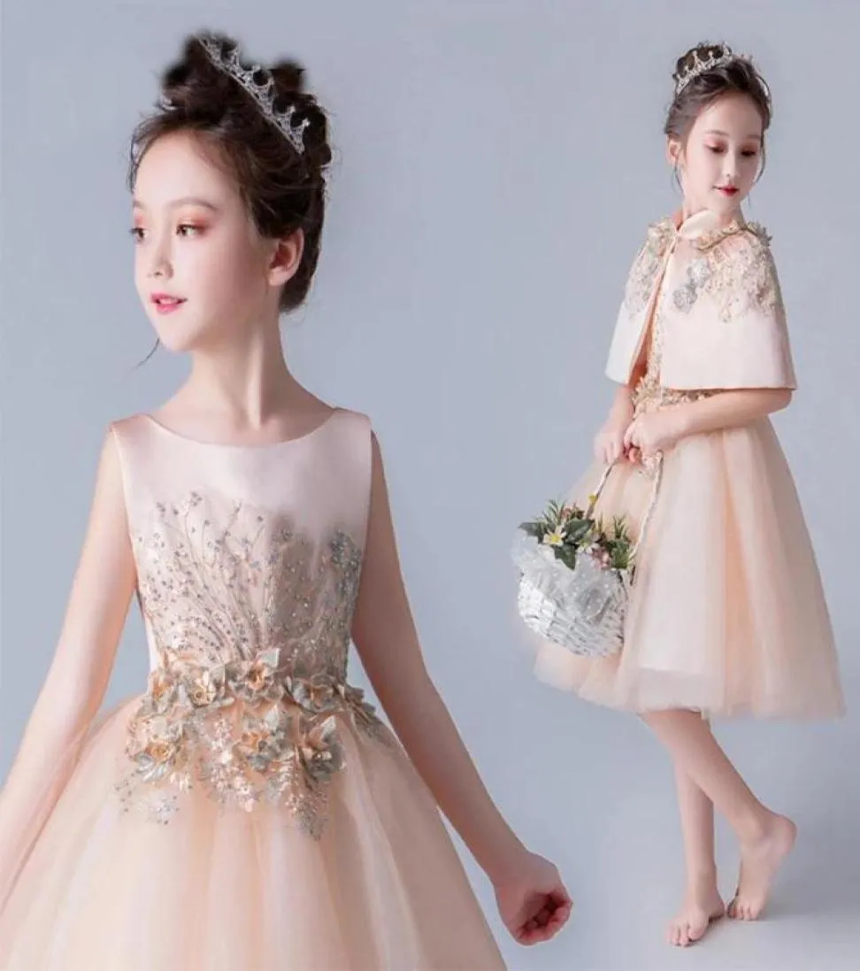 Girl039s Dresses Flower Girl For Weddings High Collar Sleeveless Kids Party Communion Gowns Appliques Sequined Shawl Princess D5059704