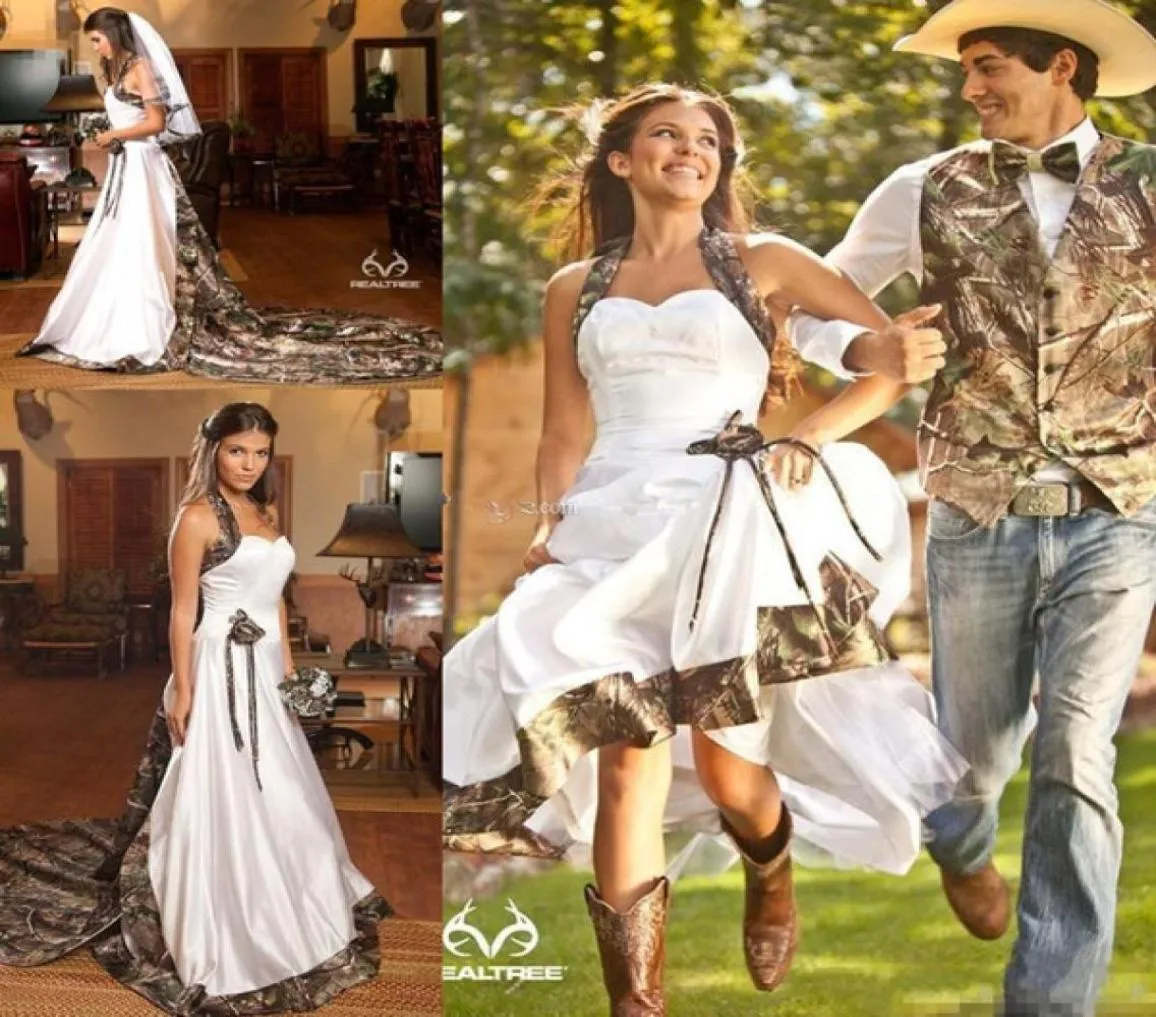 Vestidos de noiva elegantes da camuflagem de campo Uma linha de camuflagem de halter halter vestido de noiva com o tribunal de término cowboy garotas góticas br1834856