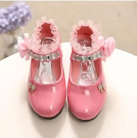 Sneakers Children's Shoes For Girl Spring New Princess Lace Leather Shoes Fashion Cute Bow Rhinestone Wedding Shoes Student Party Dance