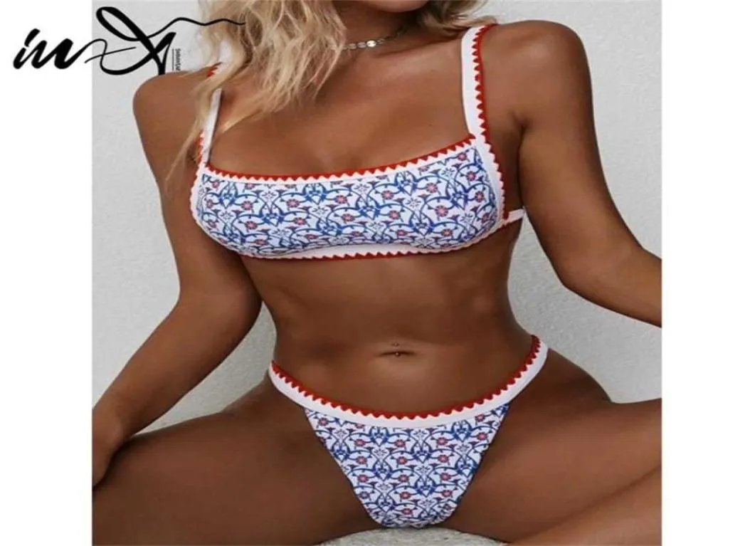 INX Print Bikini Bandeau Satimsuit Women Patchwork 2 Peças Conjunto de roupas de banho de alto corte feminino Esportes femininos Biquini Summer 21112091549857