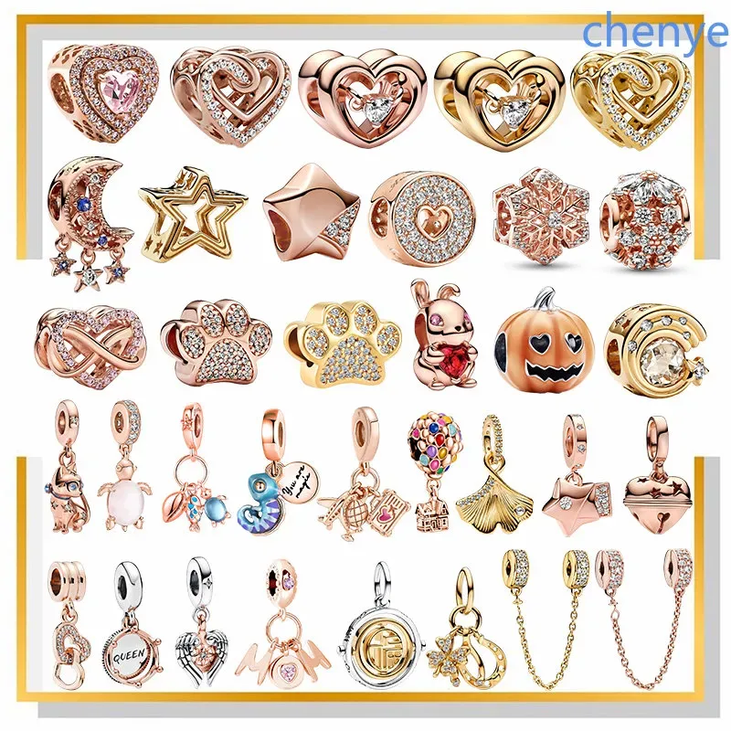 925 Silver Fit Charm Rose Gold Bead Stars Dypkin Stars Paw Print Serce w kształcie koralików Dangle Fashion Charms Zestaw wisiorek