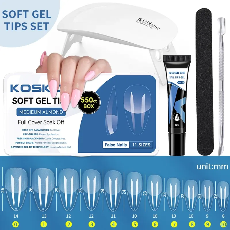 Kits Koskoe Nail Tips Lime Gel Press On False Nail Tips Set Nail Extension Soft Gel UV Lamp Nail Files Accessories Nagel Starter Kit