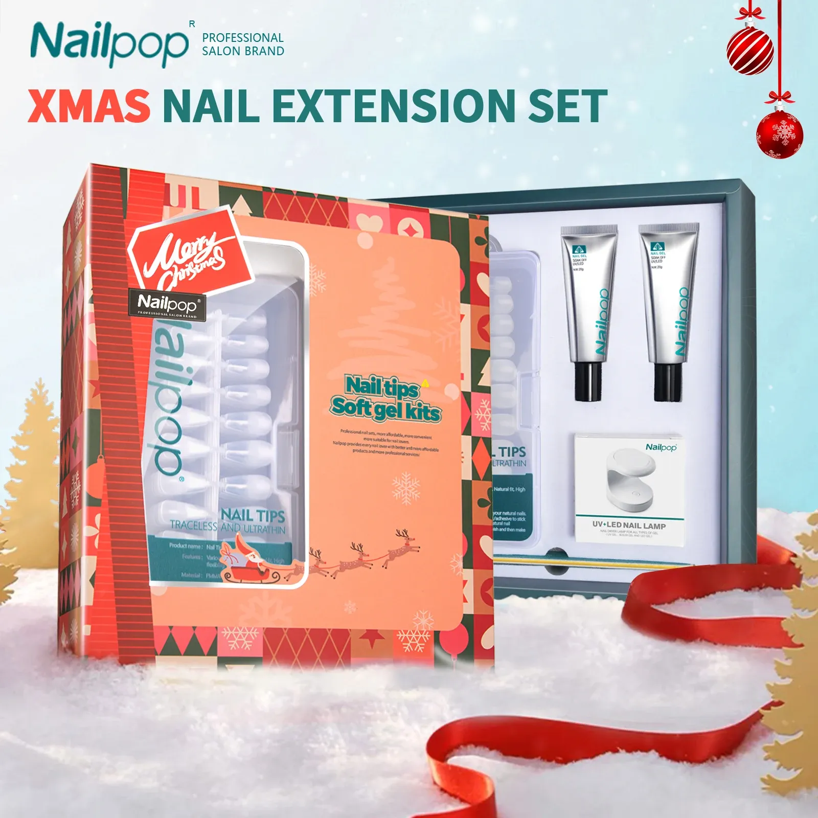 Kits NailPop Christmas Nail Art Kit Xmas Fake Nail Tips Set Portable UV LED Lamp Soft Gel Lim för Quick Nails Extension Gift Pit