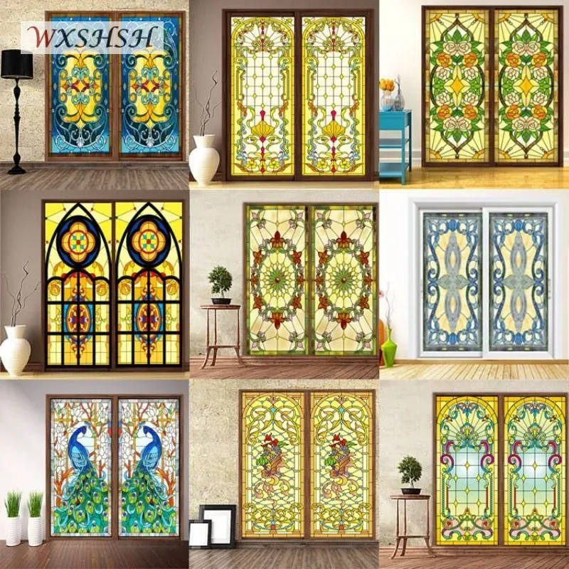 Films Custom Size No Glue Electrostatic DropShipping Church Stained Frosted Glass Windows and Doors Wardrobe Furniture Glass Stickers