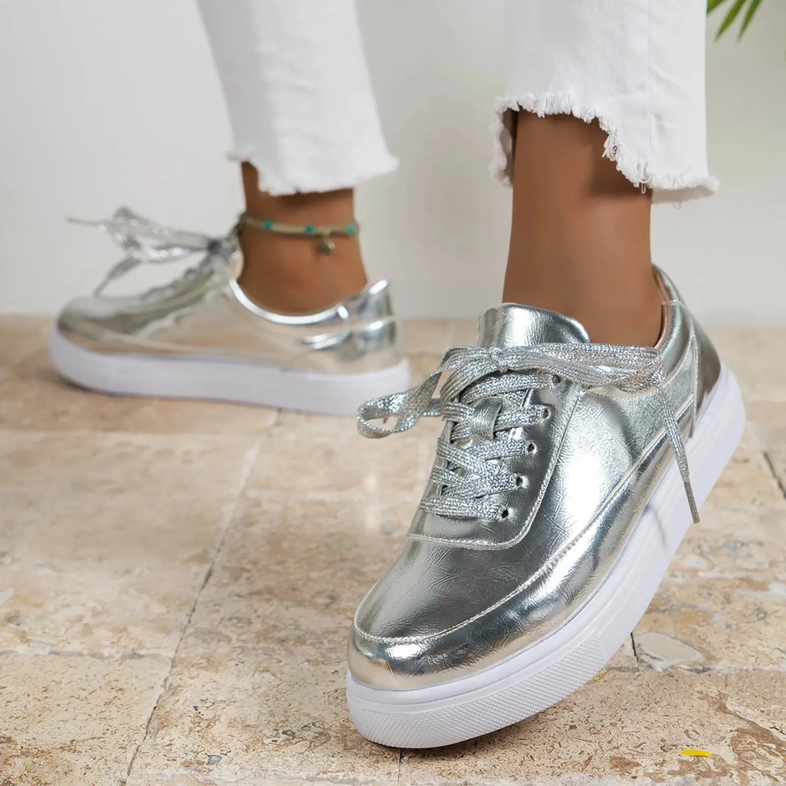 Silver Boat Shoes For Women Thick Platform Casual Sneakers Height Increasing Lace Up Footwear Round Toe Ladies Flat Sapato 240329