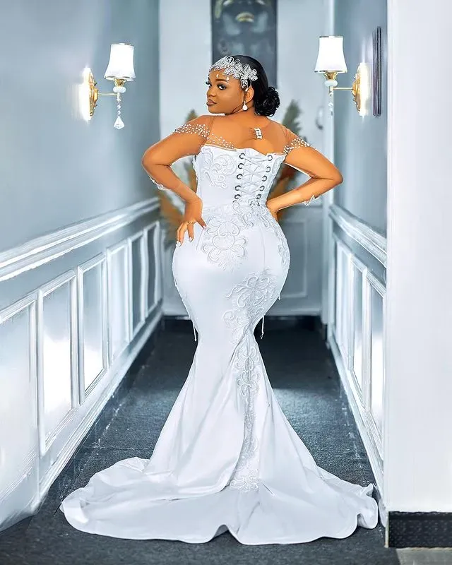 2023 Oct Arabic Aso Ebi Plus Mermaid White Wedding Dress Crystals Beaded Lace Sexy Bridal Gowns Dresses ZJ2022