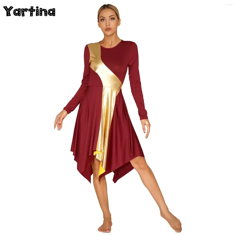 Scen Wear Womens Gymnatics Waltz Ballet Lyrical Dance Dress Asymmetrical Hem Long Sleeve Dresses Church Worship Performance Costume