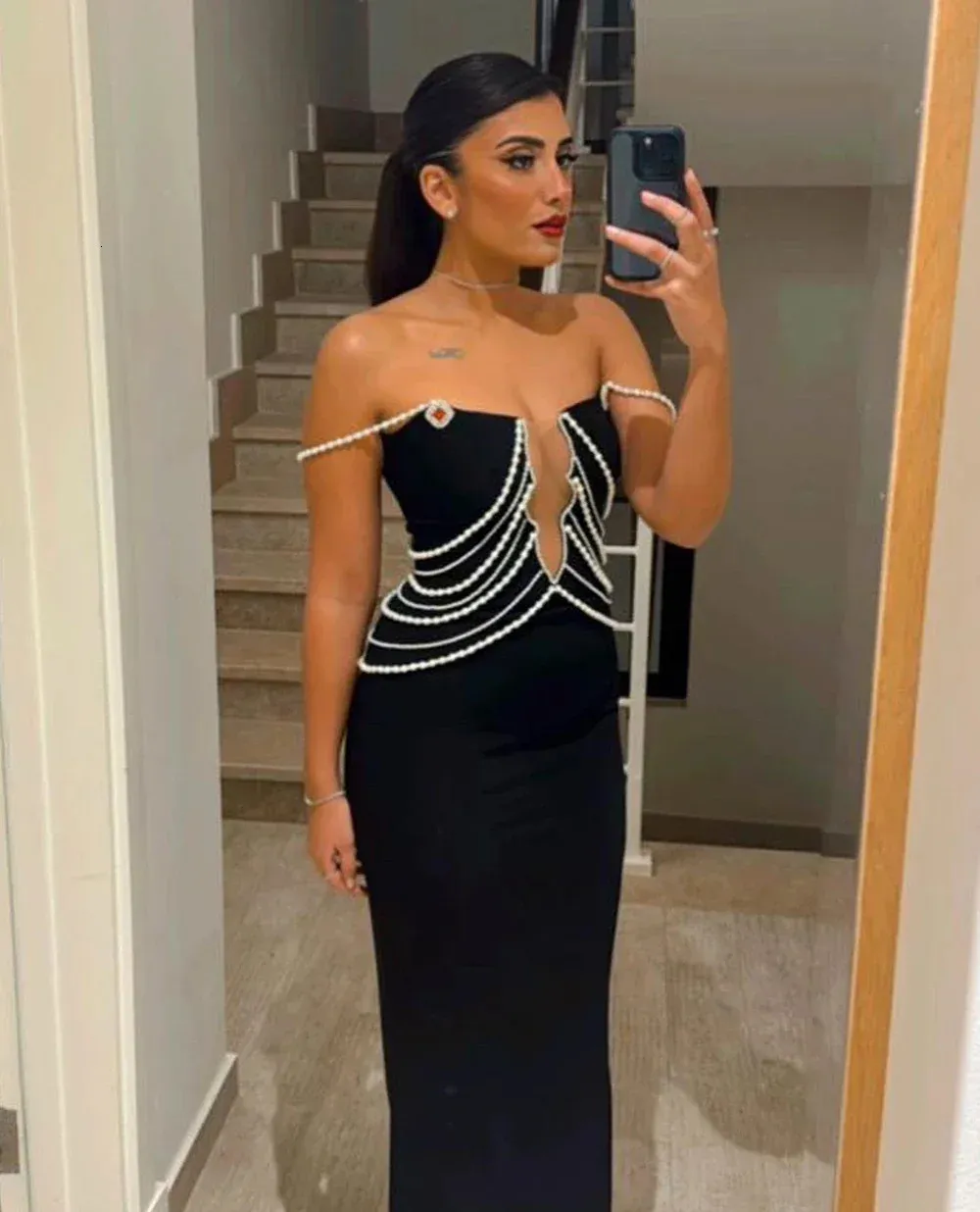 Womens Black Off Shoulder Pearl Mermaid Tight Long Bandage Evening Dress  with Cowl Neck and Petal Sleeves from Dhgate Basic & Casual Dresses - price  119.17