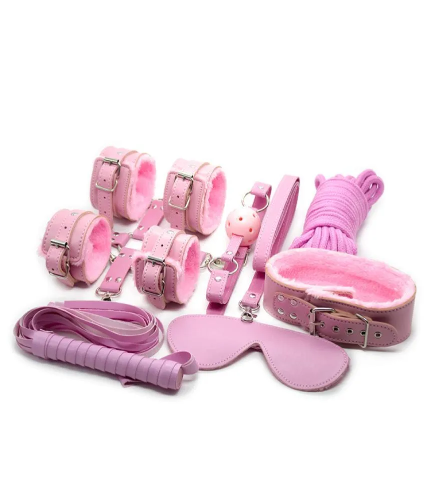 Bondage set 8 st för förspel sexspel rosa plysch handbojor ögonbindelse korsbuffs ankel manschett krage läder piskboll gag 5cm1231159