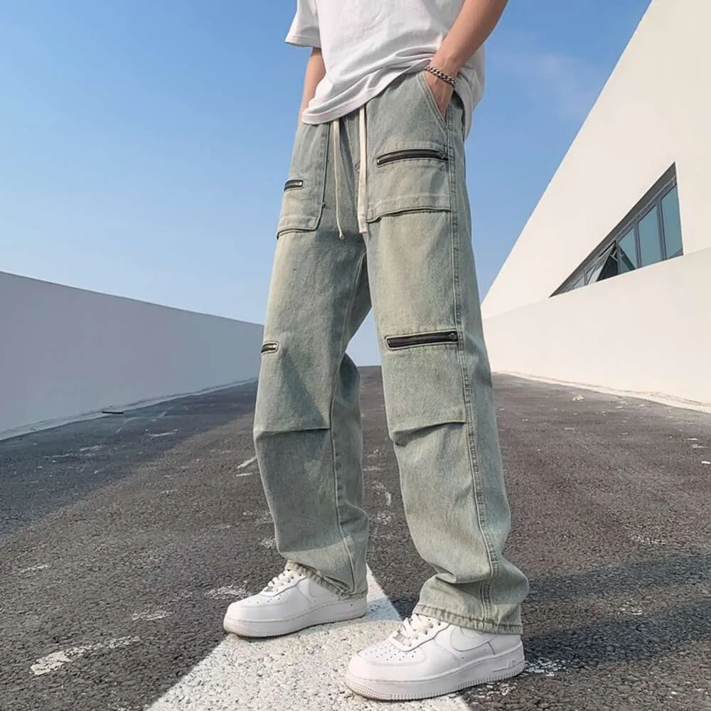 Elastiska midja arbetskläder jeans för mäns vår och sommaramerikanska high street ins trendiga varumärke lösa raka ben långa byxor