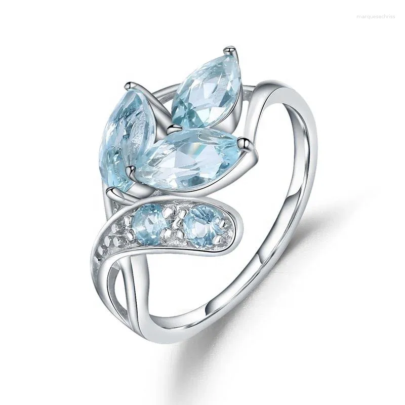 Clusterringe 925 Sterling Silber Natürliche blaue Topaz Gemstone Special Design Blätter Ring Frauen Schmuck