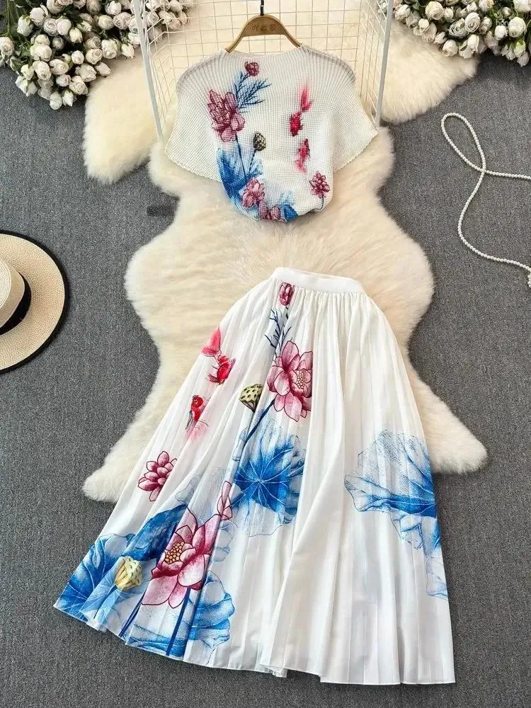 Robes de travail Summer Holiday Flower Imprimé 2 pièces Set Femmes Miyake Garde à manches courtes Sretch Pullover Shirt Top Long Pleed Jirt Murffon Vêtements