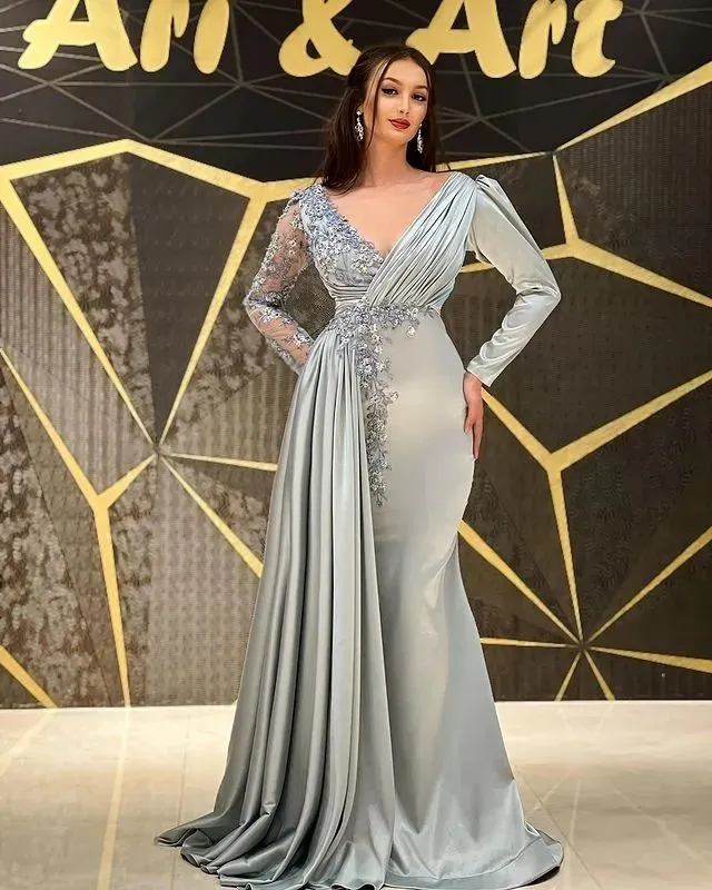 Sage Arabic Aso Ebi Silver Mermaid Sexy Prom Dresses Lace Beaded Satin Evening Formal Party Second Reception Birthday Bridesmaid Gowns Dress