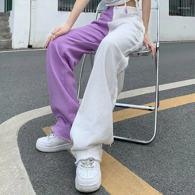 Women's Jeans BRIDGEWATER White Purple Baggy Pants Summer Women High Waist Patchwork Casual Straight Denim Trousers Harajuku